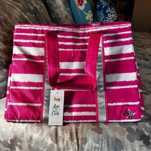 Lug Rover Oversized Tote Magenta & White Stripe w/ Metallic Silver Straps NWT